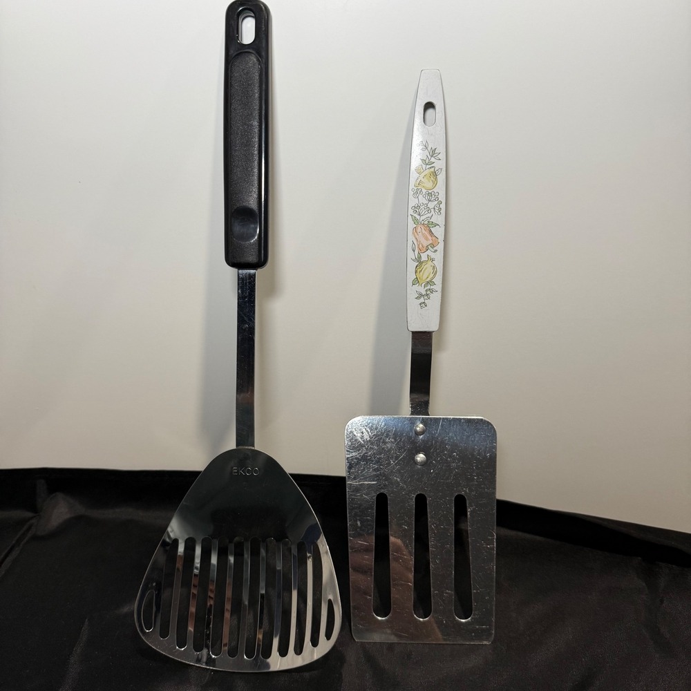 Vintage EKCO Kitchamajig Slotted Turner & Harvest Veggie Spatula Stainless Steel